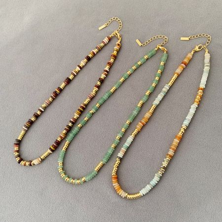 Boho Bohemian Brass Natural Beads Chain Necklaces - A set of three boho-style brass and natural bead necklaces in vibrant orange, brown, and green color schemes, displayed on a neutral background.