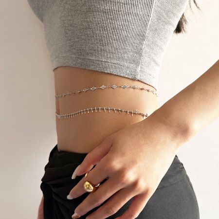 Stainless Steel Waterproof Bohomia Belly Waist Chains (Set of 5) - A model showcasing the elegant stainless steel Bohomia belly waist chains, highlighting the waterproof and non-tarnish design of the body jewelry set.