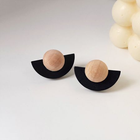 Black and Natural Wood Fan Shape Stud Earrings - A pair of stylish fan-shaped stud earrings made from black and natural wood, displayed on a neutral background.