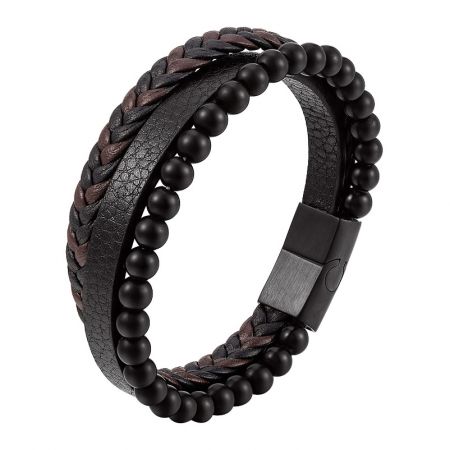 Pulsera de Cuero con Cuentas para Hombres - Pulsera de cuero con cuentas para hombres con una correa trenzada y un cierre de acero inoxidable seguro.