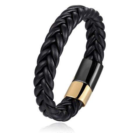 Pulsera de Cuero Trenzado Negro Minimalista para Hombres - Primer plano de una pulsera de cuero genuino trenzado negro minimalista para hombres, con un elegante cierre de acero inoxidable dorado y negro.