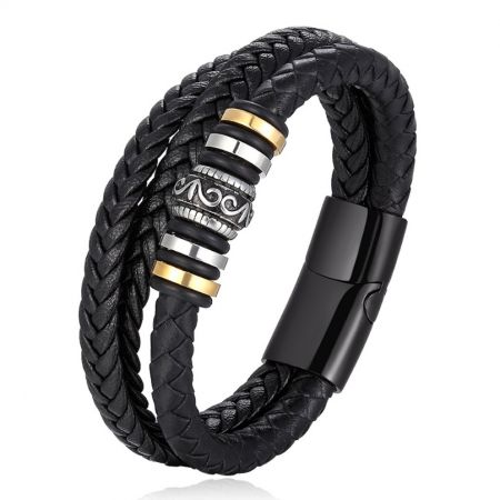 Pulseras de cuerda trenzada multilayer para hombres - Pulsera de cuerda trenzada multilayer para hombres hecha de cuero genuino negro con acentos metálicos de acero inoxidable y un cierre seguro.