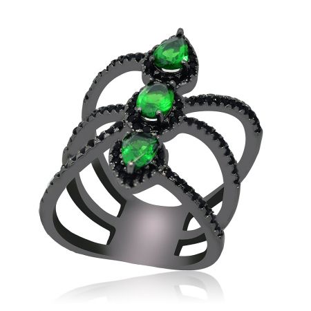 Side angle of the Hematite Contemporary Cocktail Ring, highlighting the pear-shaped green gemstones and surrounding black stones.