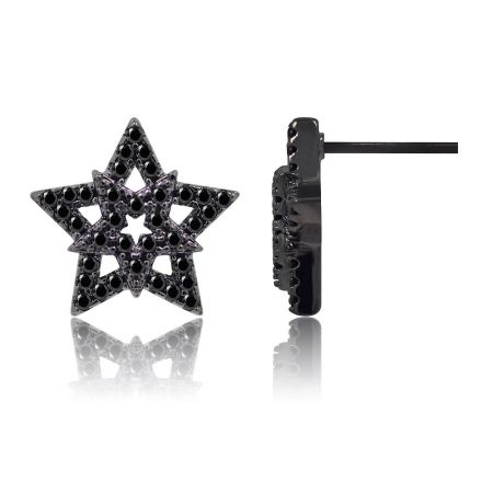 Detailed close-up of the multi-layered black star-shaped earrings, highlighting the cubic zirconia stones.