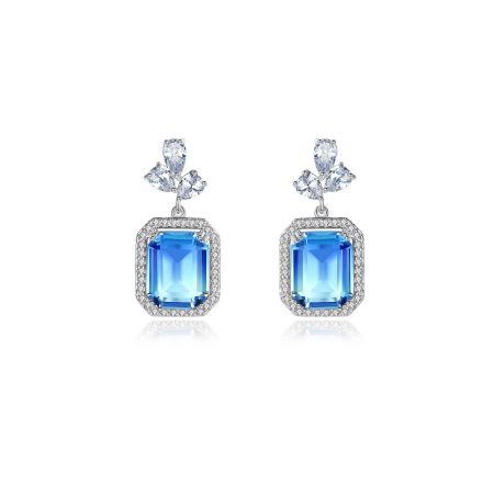 Vitrail Light Stone Wedding Earrings - A pair of Vitrail Light Stone Wedding Earrings featuring large rectangular blue gemstones surrounded by sparkling AAA-grade cubic zirconia.