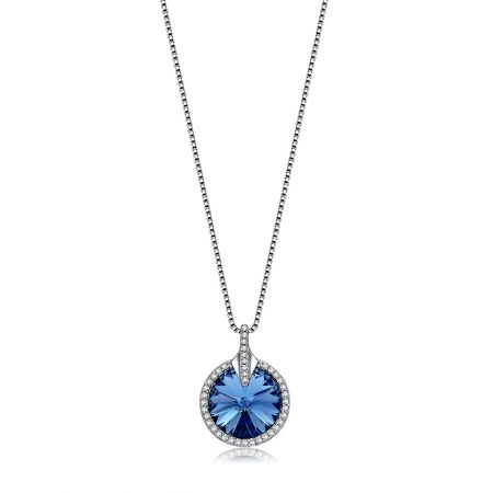 Crystal Round Glance Blue Necklace - A close-up of the Crystal Round Glance Blue Necklace, showcasing the brilliant blue Swarovski crystal pendant encircled by smaller clear stones, on a 925 sterling silver chain.
