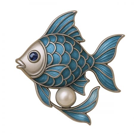 Un elegante broche en forma de pez con esmalte azul profundo, detalles en oro y un delicado acento de perla.