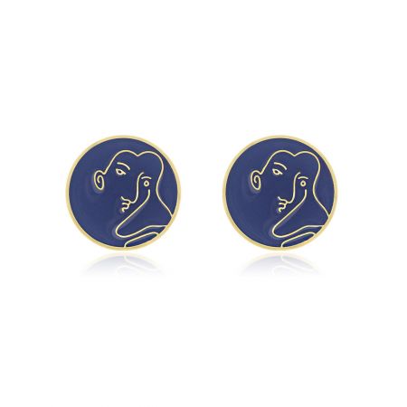 Enamel Face Round Stud Earrings In Purple - A pair of round, gold-plated stud earrings featuring a unique purple enamel face with an artistic line drawing of a woman's profile. The design is modern and elegant.
