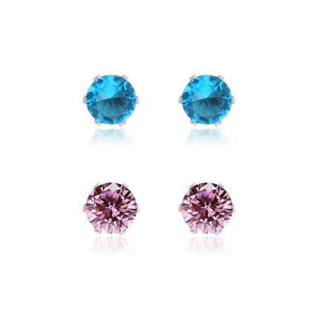 6mm Cubic Zirconia Earring Studs 2 in 1 - A set of 6mm cubic zirconia 2-in-1 stud earrings, featuring brilliant round-cut blue and pink gemstones in four-prong gold-plated settings.
