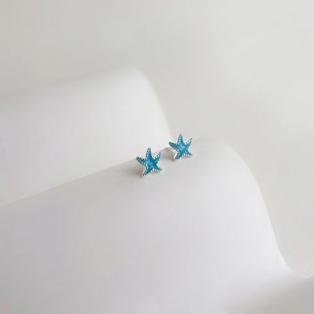 銀のアクセントを強調した青いヒトデのピアスの詳細ショット。