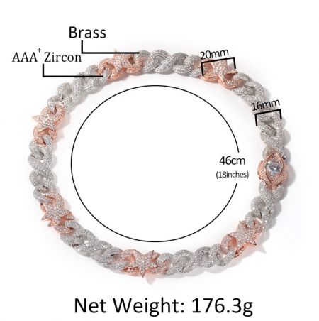 Detailed view of the hip hop choker showing its brass construction with AAA+ zircon stones and measurements.