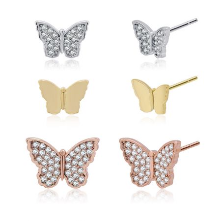Les six boucles d'oreilles en papillon du set présentées ensemble, montrant les différentes tailles et finitions.