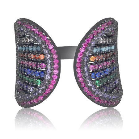 Side view of the Summer Dazzle ring, highlighting the intricate setting of the multi-colored gemstones.
