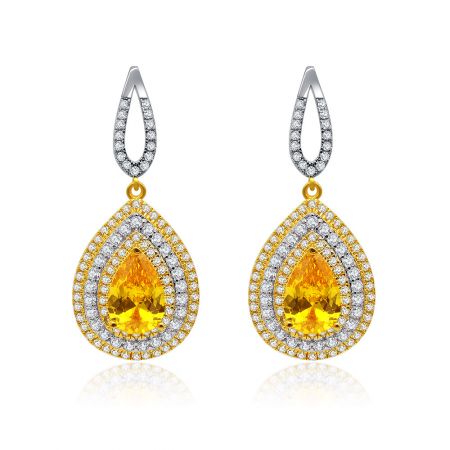 Enticing Bright Yellow Topaz Drop Earrings - A pair of Enticing Bright Yellow Topaz Drop Earrings, featuring a teardrop-shaped yellow gemstone surrounded by smaller clear stones, crafted with two-tone rhodium and gold plating.