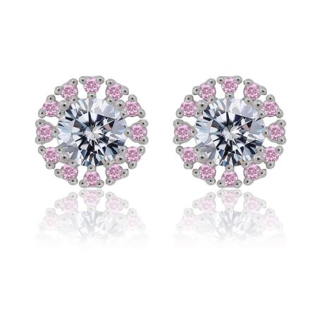Rhodium ronde roze cubic zirconia oorbel - Een paar rhodium ronde roze cubic zirconia stud oorbellen, vervaardigd uit 925 sterling zilver, met een centrale heldere steen omringd door kleinere roze edelstenen.