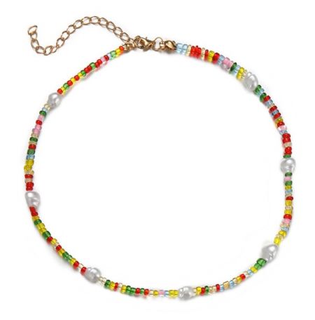 Collar de Perlas Colorido con Cuentas de Moda Veraniega - Una toma de estudio del Collar de Perlas Colorido con Cuentas de Moda Veraniega, mostrando sus cuentas vibrantes y perlas elegantes contra un fondo neutro.