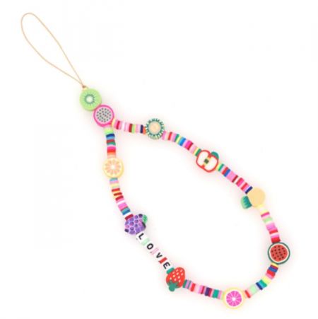 Uma pulseira de telefone vibrante com contas em forma de frutas e a palavra 'AMOR'.