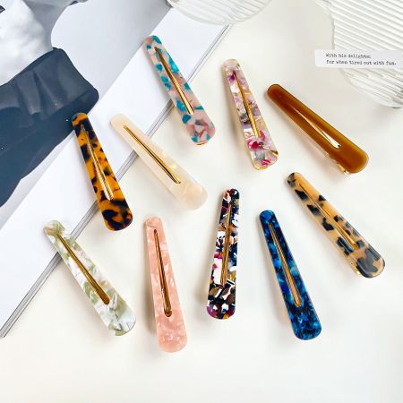 Women's Marbling Pattern Acetate Duck Beak Hair Clips (Set of 5) - A vibrant collection of women's duck beak hair clips in various marbled acetate patterns and colors, displayed on a neutral background.