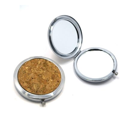 Unique compact mirror with a natural cork style lid.
