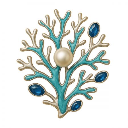 Un sofisticado broche en forma de rama de coral con una perla central y brillantes piedras preciosas azules, evocando la belleza marina.