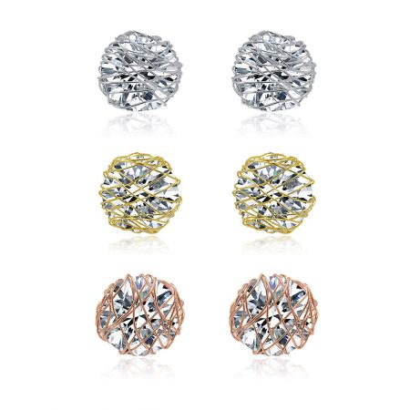 Three Pair Round Wire CZ Stud Earrings Set - A set of three pairs of round CZ stud earrings, displayed in silver, gold, and rose gold plated brass settings, perfect for versatile styling.