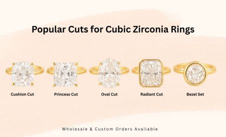 Eine Auswahl beliebter Ringformen aus Zirkonia, darunter Kissen, Prinzessin, oval und strahlend.