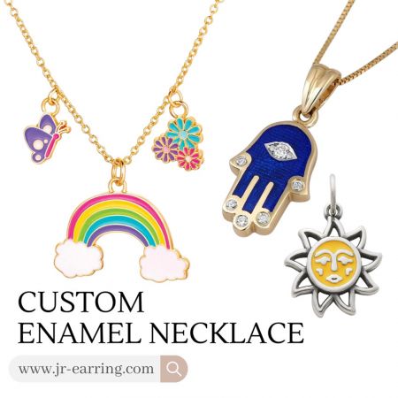 Custom enamel necklaces featuring various charming designs like rainbows, butterflies, and flowers.