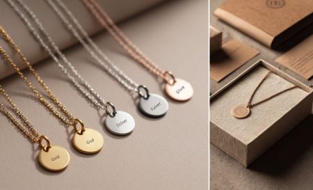Une collection de colliers disques gravés sur mesure en or, argent et or rose, mettant en valeur les capacités OEM et de marque privée.