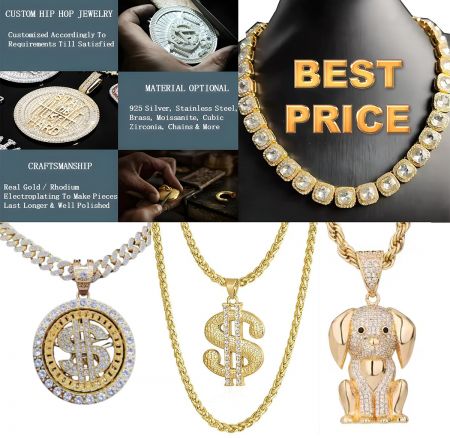 A showcase of various custom hip hop jewelry pieces, including pendants and chains.