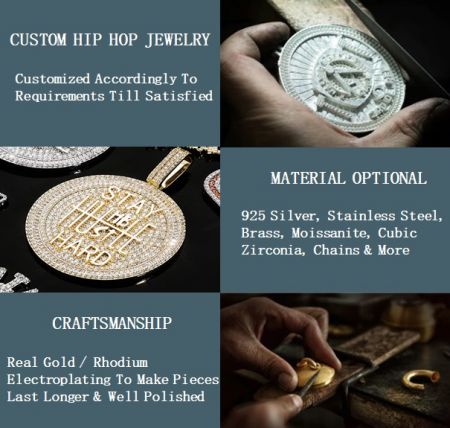 A collage displaying the diverse range of custom hip hop jewelry, including rings and pendants, offered by JR Fashion Accessories.