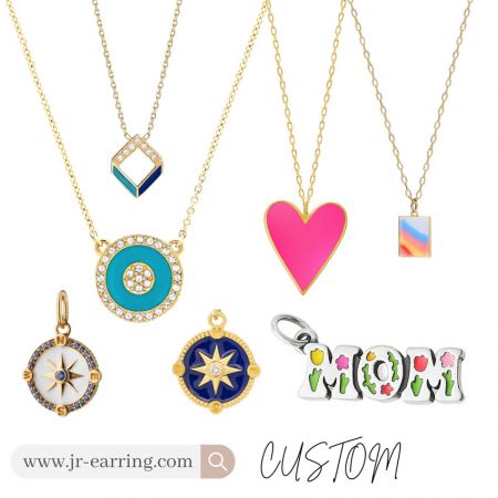 Detailed view of custom enamel necklaces with unique and intricate pendant designs.