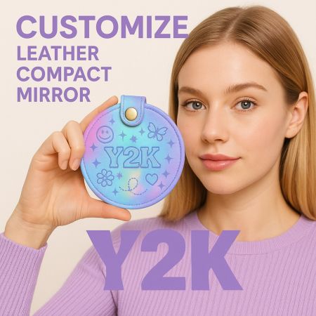 Customizable Y2K-themed leather compact mirror for trendy brands.