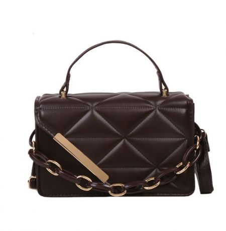 Detailed view of the dark brown quilted PU leather handbag with a chain-link strap.