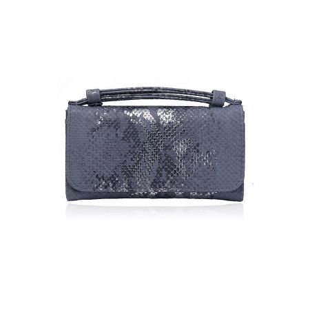 Detailed view of the snakeskin texture on the dark gray PU leather clutch.