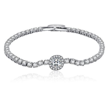 Round 2MM CZ Silver Tennis Bracelet - Close-up of the Round 2MM CZ Silver Tennis Bracelet, showcasing the central large cubic zirconia stone surrounded by smaller stones in a silver-toned setting.