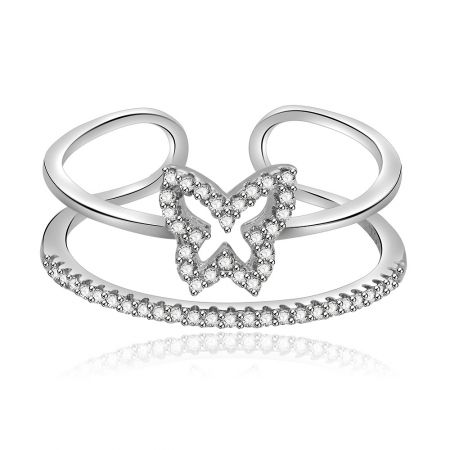 White CZ Butterfly Ring - A close-up of the White CZ Butterfly Ring, featuring a butterfly centerpiece studded with cubic zirconia diamonds and an elegant infinity loop design on the band.