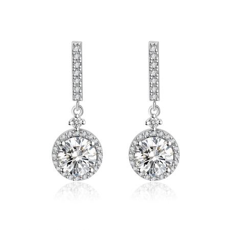 White CZ Round Drop Earrings - White CZ Round Drop Earrings featuring a silver dangle design with a rectangular bar and a brilliant circular cubic zirconia pendant.
