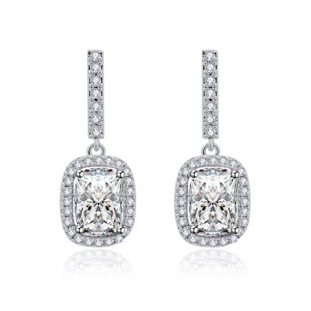 Sophisticated Rectangle Shape CZ Drop Earrings - A pair of sophisticated rectangle shape CZ drop earrings with large emerald-cut cubic zirconia stones, set in rhodium-plated brass, shown against a clean white background.