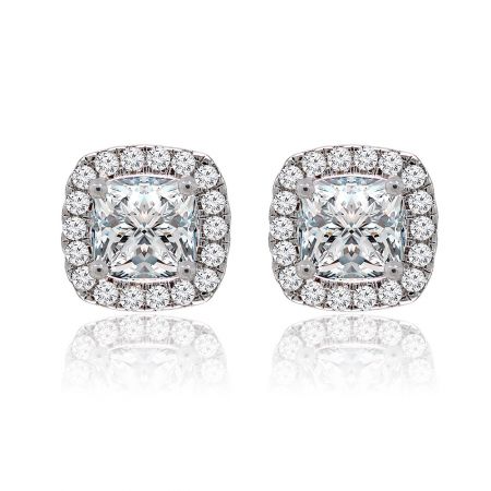 Square Passion Studs - Front view of the Square Passion Studs, featuring a large cushion-cut cubic zirconia surrounded by a halo of smaller stones in a rhodium-plated setting.
