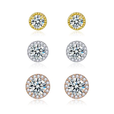 Tri-Tone Pave CZ Round Stud Earrings Set of 3 - A set of three pairs of Tri-Tone Pave CZ round stud earrings in gold, silver, and rose gold finishes, displayed on a white background.