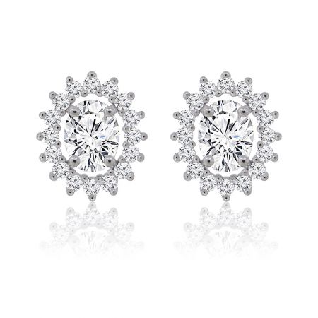 Oval Halo Stud Earrings - A pair of classic oval halo stud earrings with a central cubic zirconia stone, set in rhodium-plated brass, shown on a clean white background.