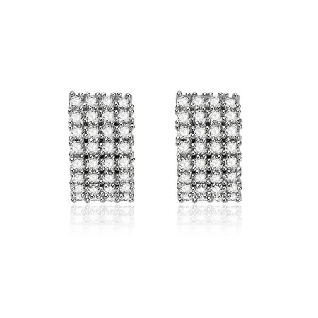 Dazzling Clear CZ Cluster Huggie Earrings - A pair of Dazzling Clear CZ Cluster Huggie Earrings featuring a sparkling grid pattern of cubic zirconia stones on a rhodium-plated brass base.