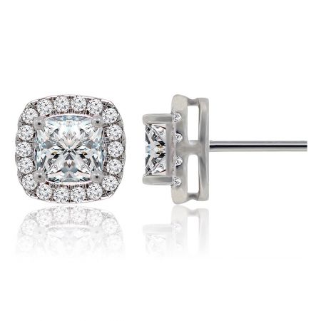 Un paio di orecchini a perno Square Passion che mostrano il brillante design a halo quadrato e la placcatura in rodio.