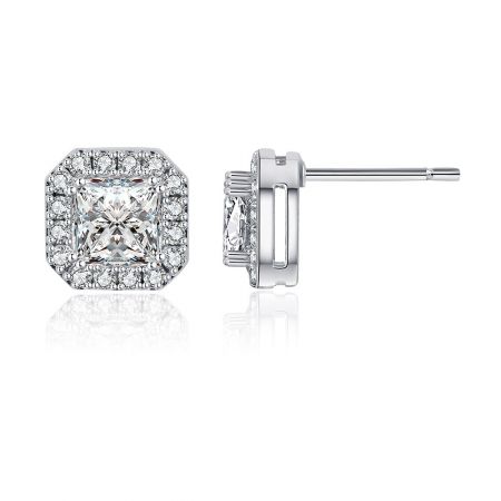 Side view of a square-shaped Mini Zirconia Cushion Stud Earring, highlighting the silver metal setting and brilliant central stone.