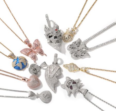 Custom Hip Hop Pendant - A collection of custom-made hip hop pendants with intricate diamond-encrusted designs, showcasing the manufacturing capabilities of JR Fashion Accessories.