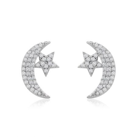Moon And Star Cubic Post Earring - A pair of silver Moon and Star Cubic Post Earrings, model BEQ04-R-Z-01520, encrusted with sparkling white cubic zirconia stones.