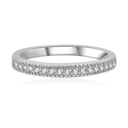 Wholesale Eternity Wedding Band - A close-up view of the wholesale eternity wedding band, showcasing its polished rhodium-plated finish and a row of sparkling simulated diamonds.