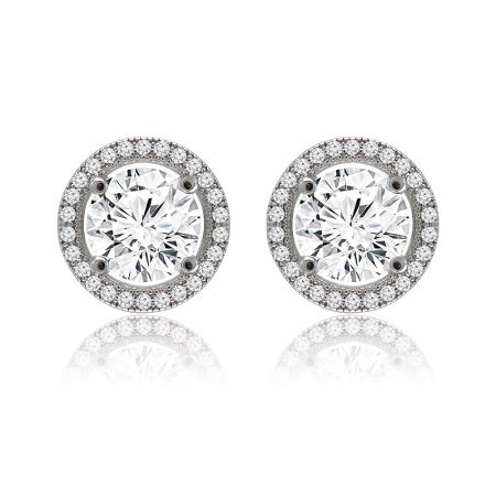 Radiant Round Stud Earrings - A close-up of the Radiant Round Stud Earrings, showcasing the central cubic zirconia stone in a brilliant halo setting made of rhodium-plated brass.