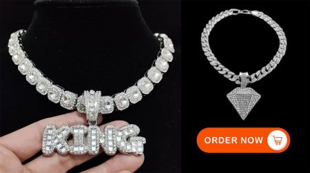 An example of a custom iced out necklace featuring a 'KING' pendant, paired with a matching bracelet.