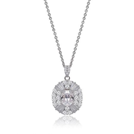 Oval CZ Statement Necklace - Close-up of the Oval CZ Statement Necklace, showcasing its rhodium-plated brass chain and a brilliant oval cubic zirconia pendant surrounded by smaller stones.